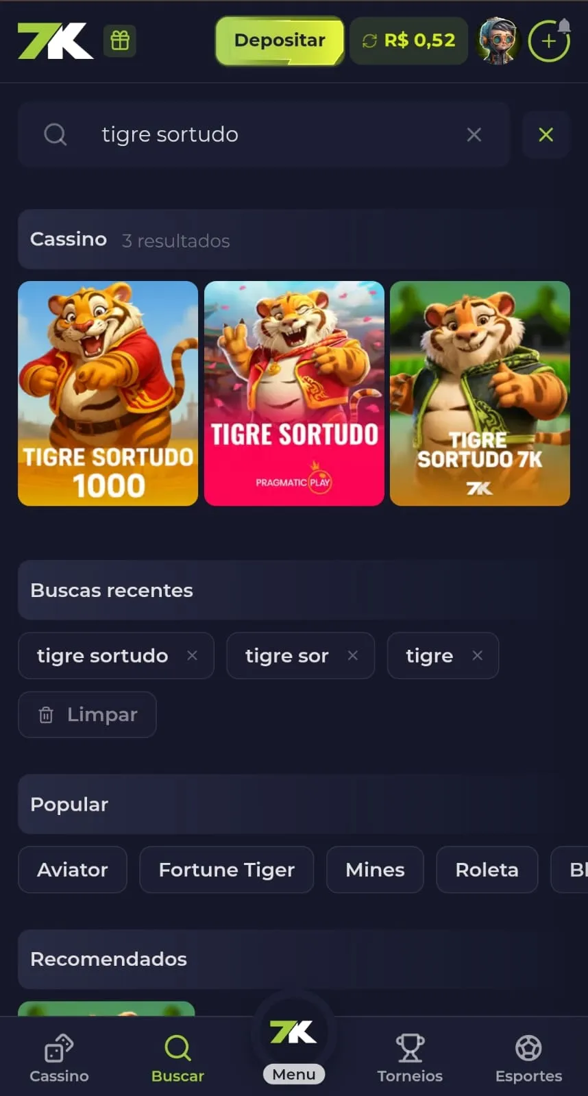 Captura de tela do cassino da 7K com as diferentes versões do Tigre Sortudo