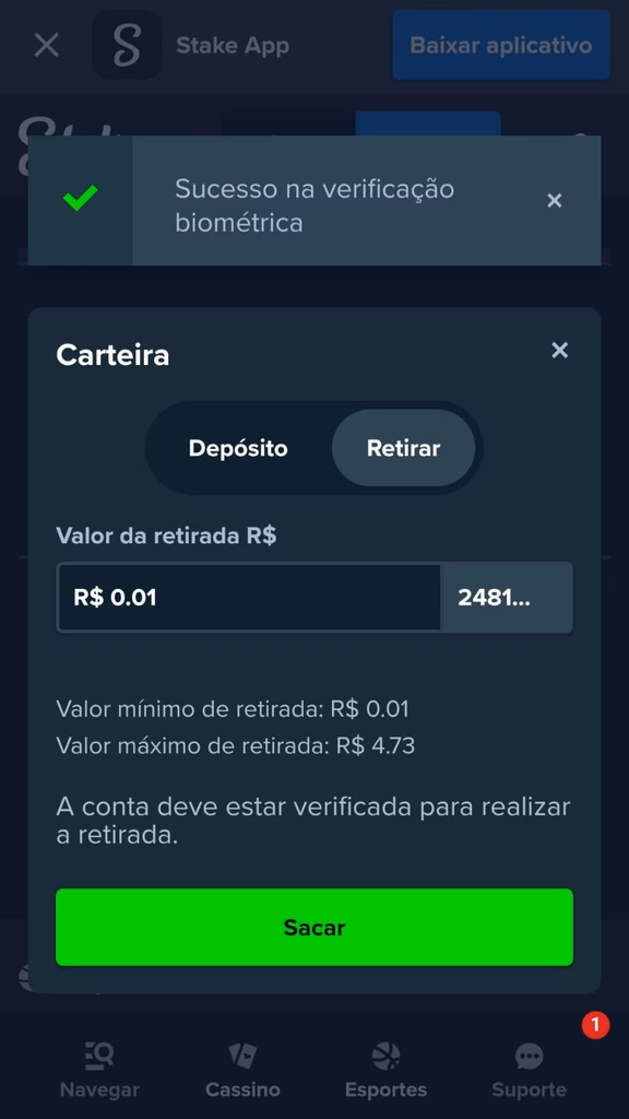 Área de saque da Stake com retiradas a partir de R$ 0,01 até o limite do saldo e confirmação de verificação biométrica,
