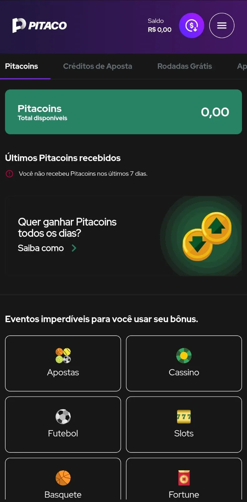 Menu de Pitacoins com opções de apostas para esportes e cassino com as moedas promocionais da Pitaco.