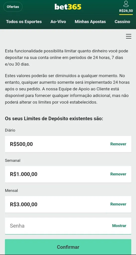 Ferramentas de jogo responsável da Bet365 com definição de limites de depósito por dia, semana e mês.