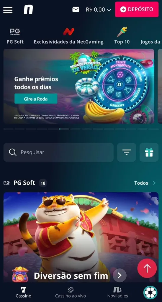 Cassino Novibet com destaque para a promoção da roda da sorte e slots da PG Soft.