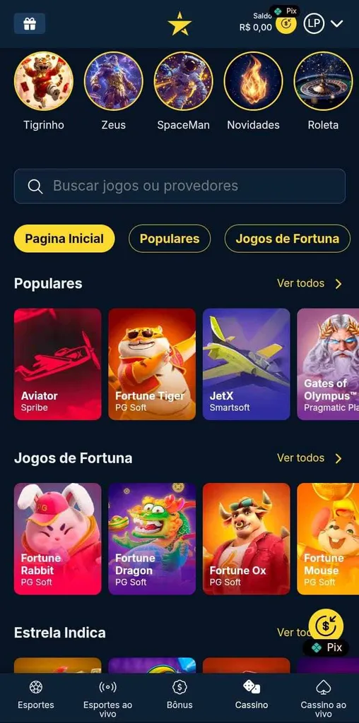 Jogos de cassino da Estrela.bet com populares como Aviator e JetX, jogos da Fortuna e seções com novidades.