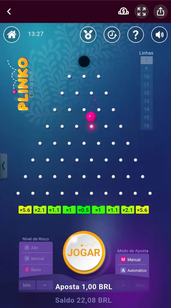 Bolinha caindo na piramide com 8 linhas no Plinko na Superbet.