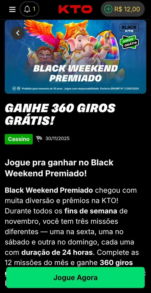 Promoção Black Weekend da KTO com 360 giros grátis para missões cumpridas nos fins-de-semana de novembro.
