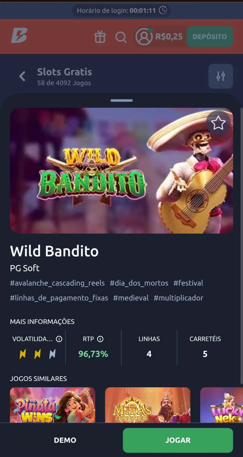 Banner do jogo Wild Bandito na Betano, na seção de Slots Grátis, com destaque para o botão Demo.
Data: 22/05/26