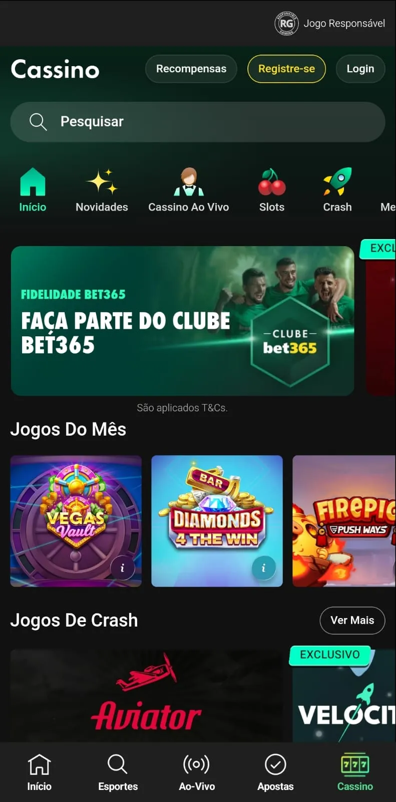 Cassino do app da bet365 com banners de ofertas, jogos do mês e crash games. 