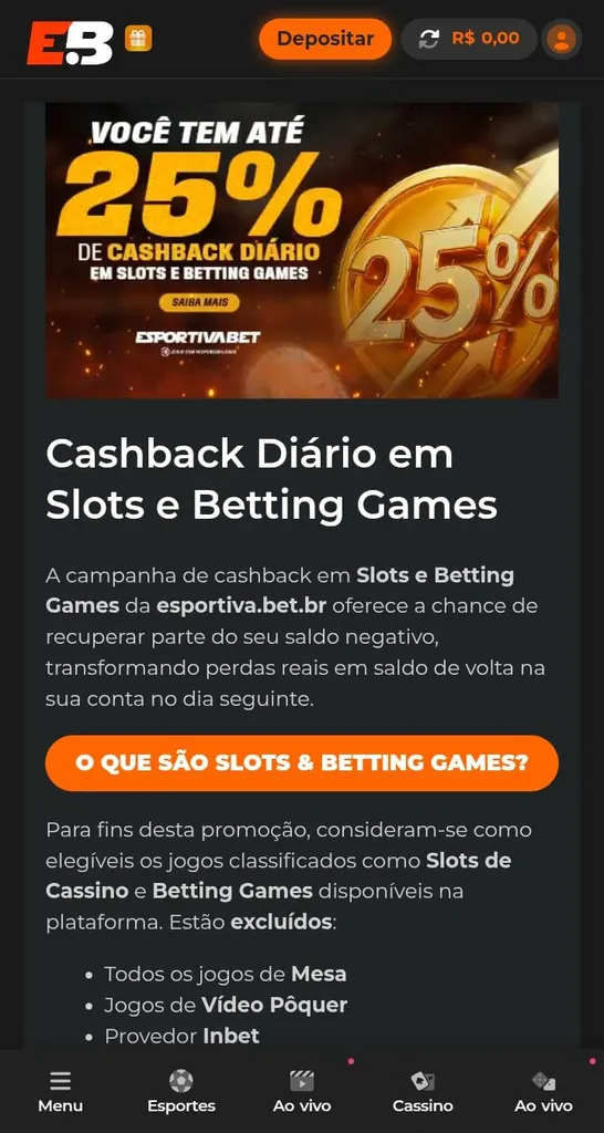 Regras do cashback diário de até 25% em slots e betting games da EsportivaBet