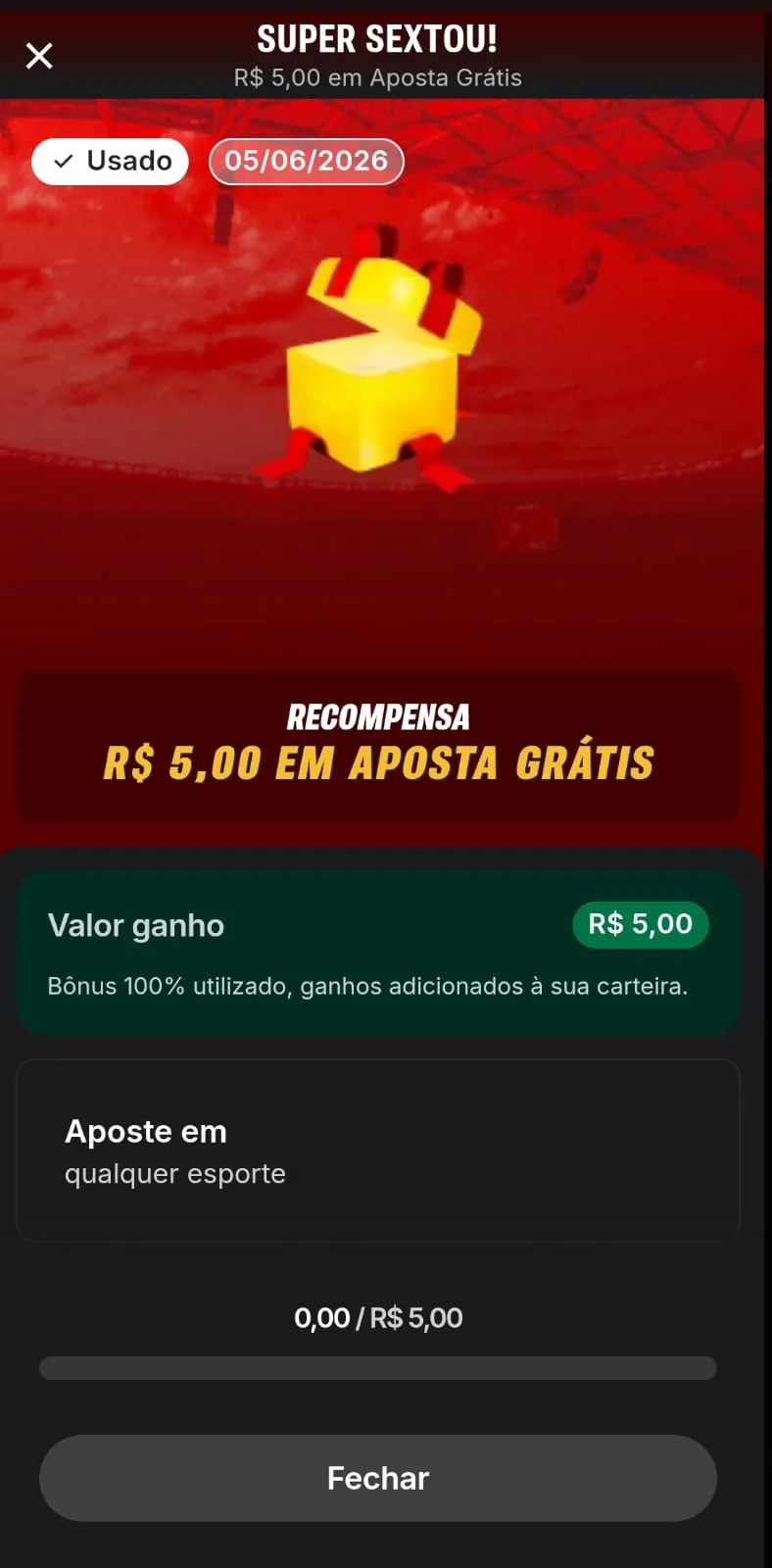 Oferta Super Sextou da Superbet, com destaque para a recompensa de R$ 5 em aposta grátis para qualquer esporte
