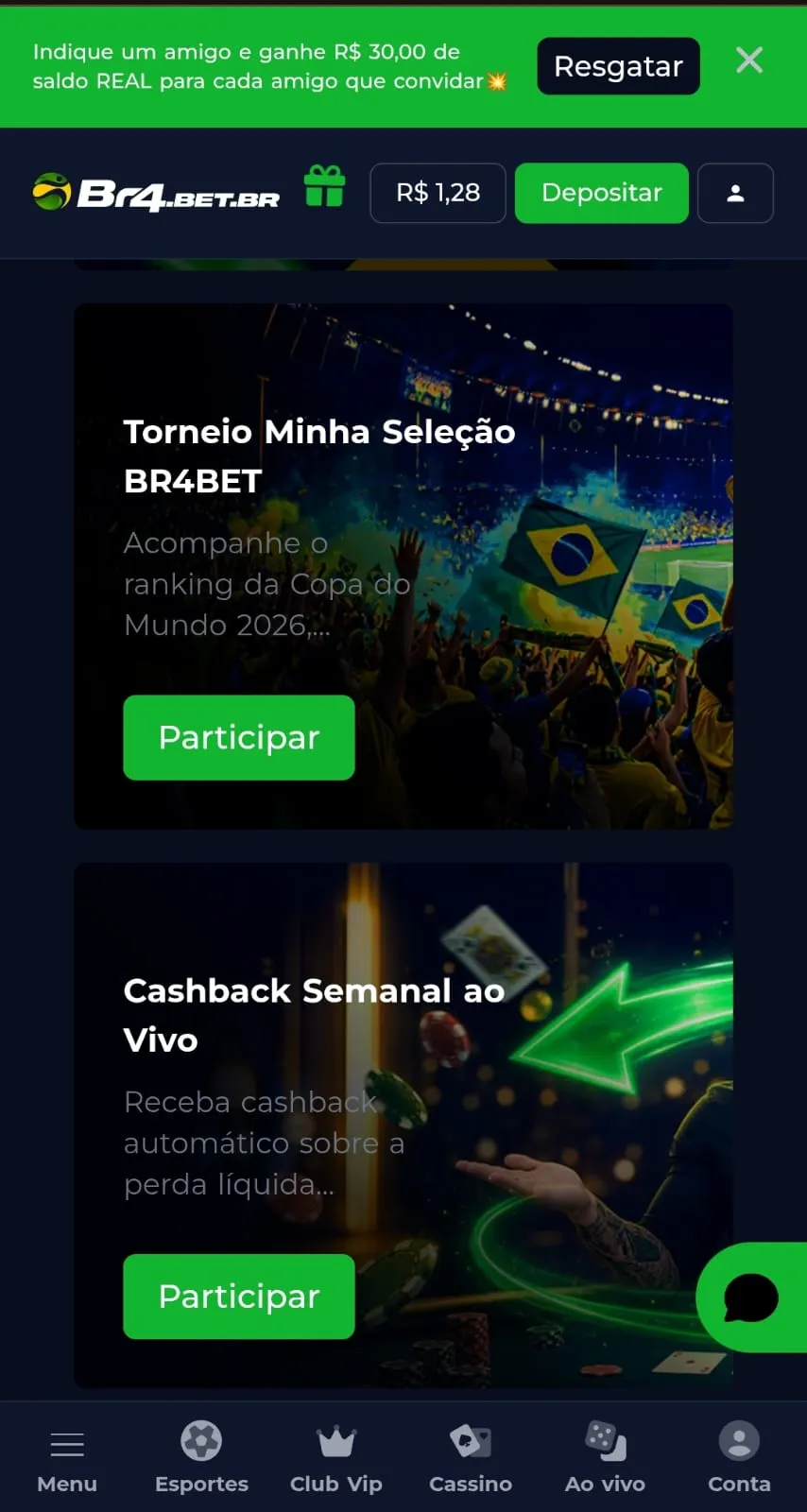 Ofertas da Br4Bet, incluindo o Torneio Minha Seleção BR4Bet, Cashback Semanal ao Vivo e o bônus de indicação.