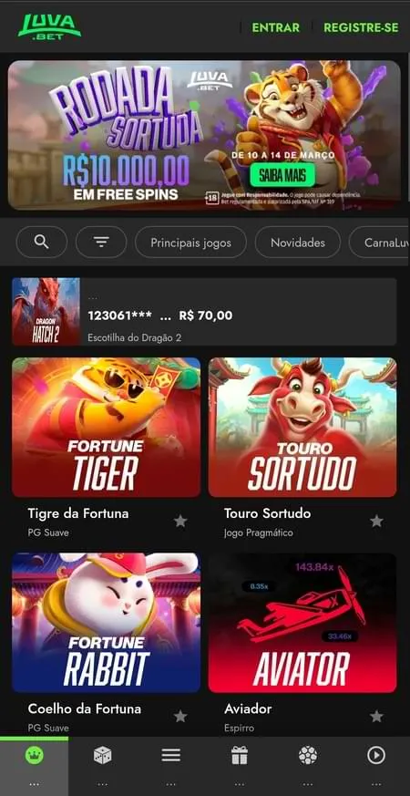 Cassino Luva.bet com destaque para slots Fortune Tiger, Touro Sortudo, Fortune Rabbit e crash game Aviator.
