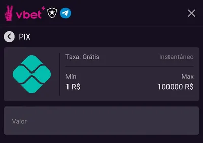 Seção de depósito da Vbet com campo para preencher o valor a partir de 1 real até R$100.000 via Pix.