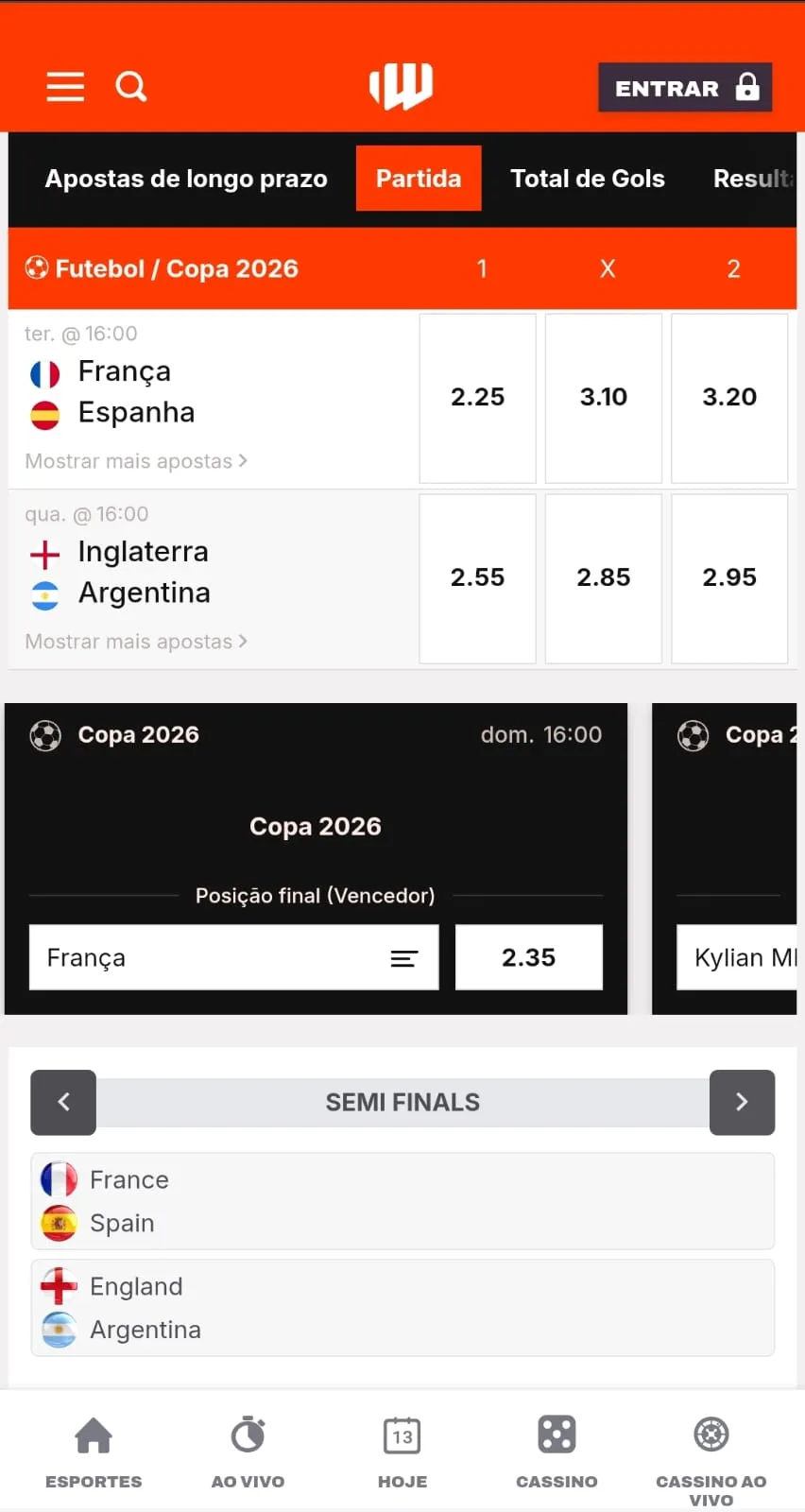 Lista com as semifinais da Copa do Mundo da plataforma de R$ 3 Betwarrior, com odds para o mercado de resultado final.