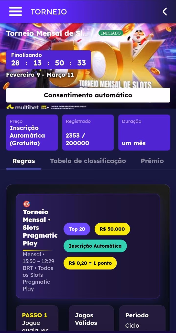Torneio mensal da Pragmatic Play na Multibet, com informações de de prêmios e valores de aposta
