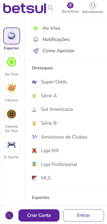 Menu de esportes da BetSul com acesso às competições ao vivo, Super Odds, Série A e Copa Sul-Americana