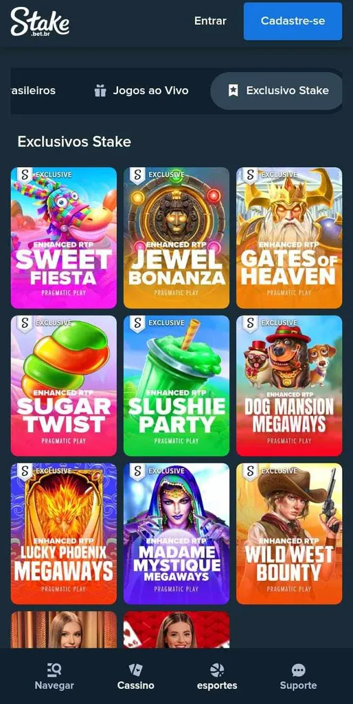 Cassino da Stake com jogos exclusivos como Sweet Fiesta, Jewel Bonanza, Gates of Heaven e outros.