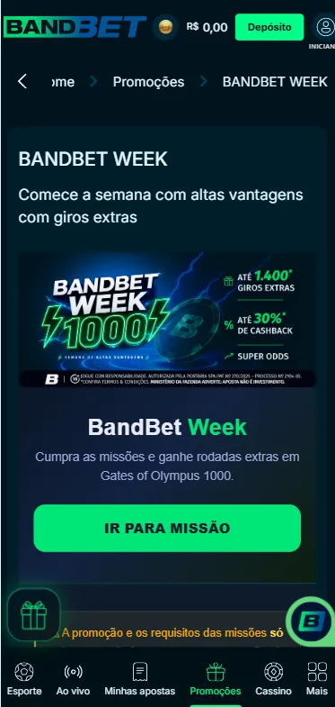 Promoção Bandbet Week 1000 com oferta de até 1.400 giros extras para slots da linha 1000 da Pragmatic Play 