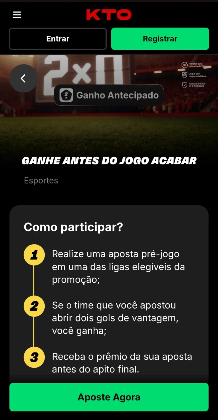 Informações da oferta de Ganho Antecipado da KTO, com destaque para a aposta ganha com 2 gols de vantagem.
