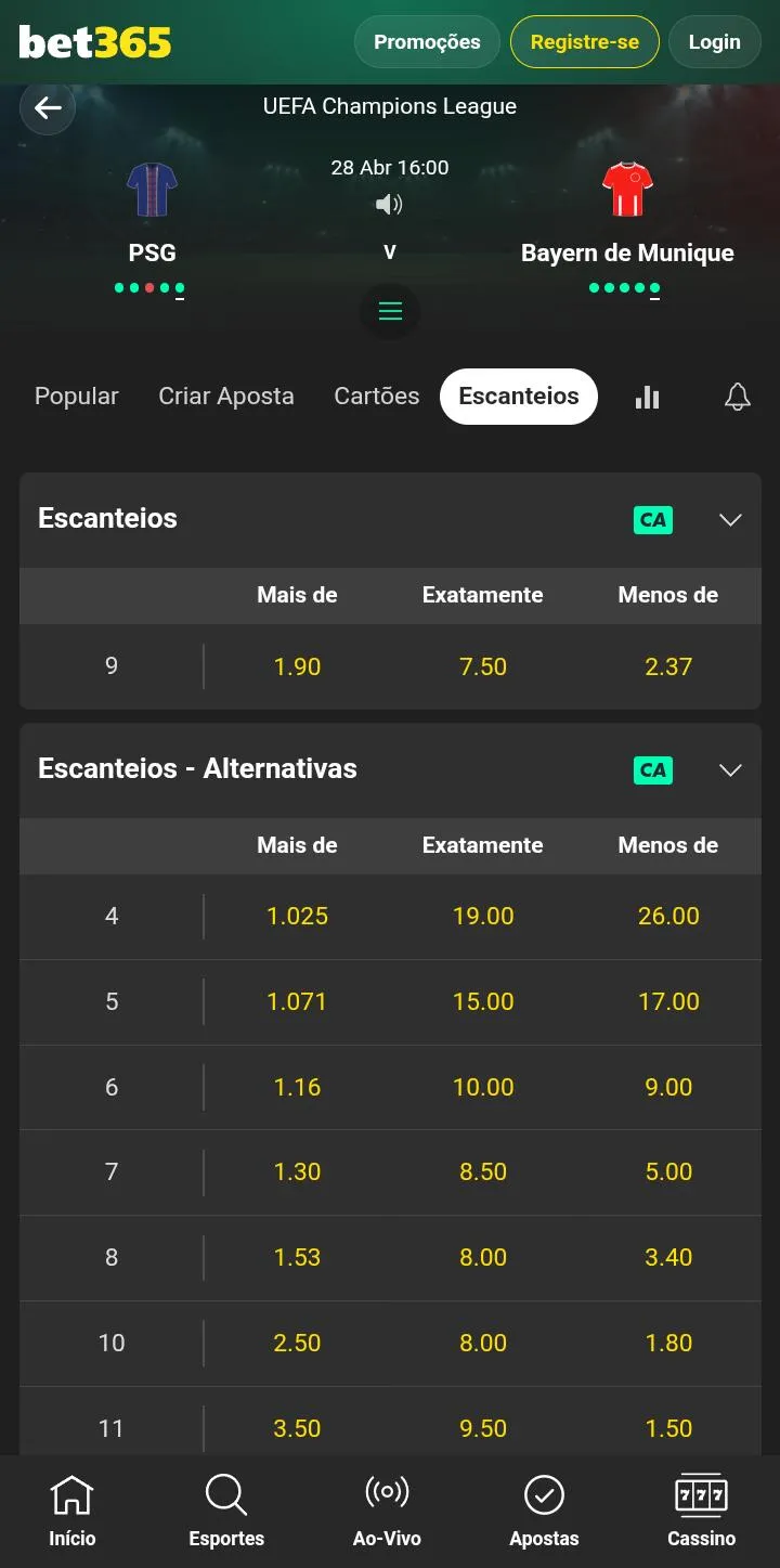 Mercados de apostas no jogo PSG x Bayern de Munique, com opções de linhas de escanteios mais/exatamente/menos e alternativas.