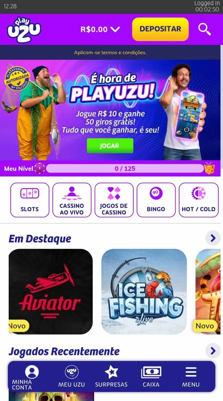 Cassino Playuzu com banner de bônus com recompensa de 50 giros grátis ao jogar R$10