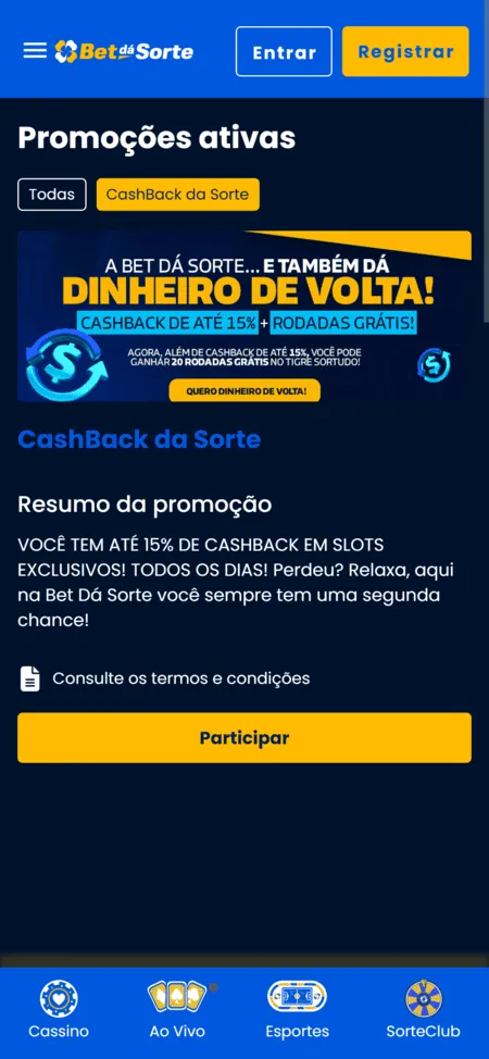 Promoção Cashback da Sorte da BetdáSorte, com cashback de 15% + rodadas grátis e resumo da oferta