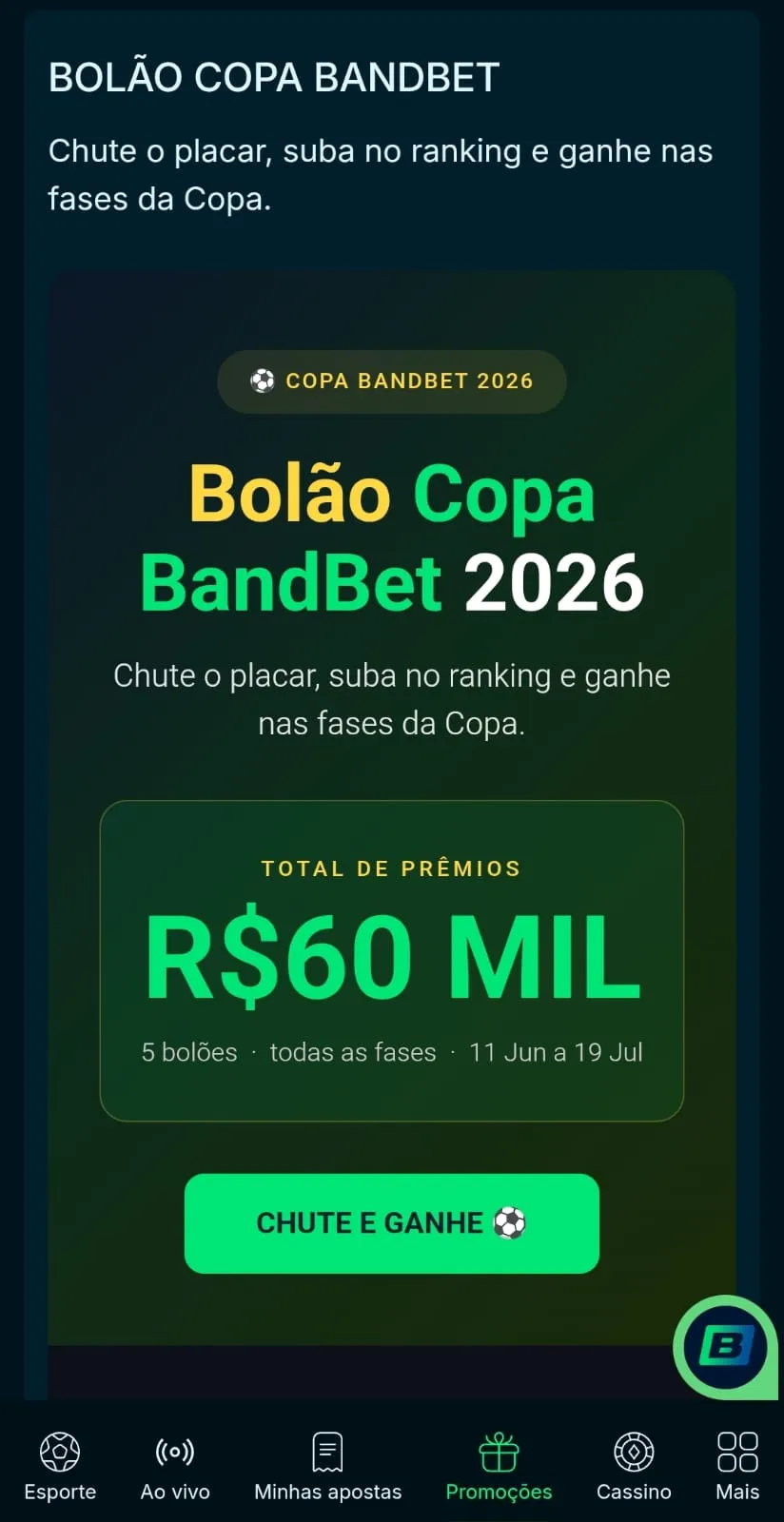 Tela mobile do Bolão Copa Bandbet 2026 para o Mundial de Seleções
Data: 22/06/2026