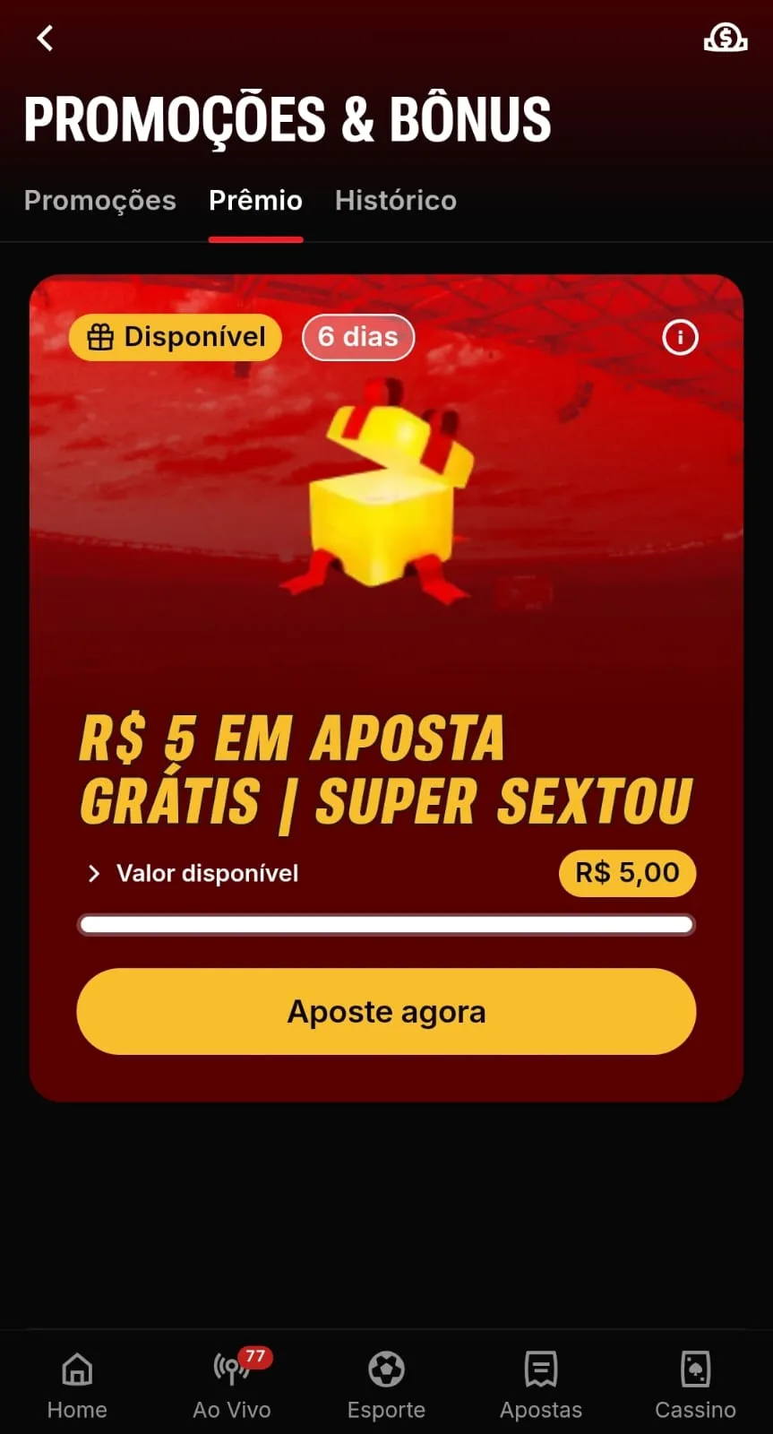 Oferta de R$5 em aposta grátis da Superbet, que pode ser usada na Libertadores e outras competições.