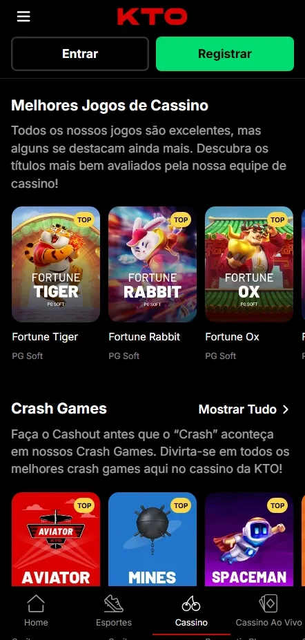Cassino da KTO com destaque para jogos da saga Fortune e Crash Games