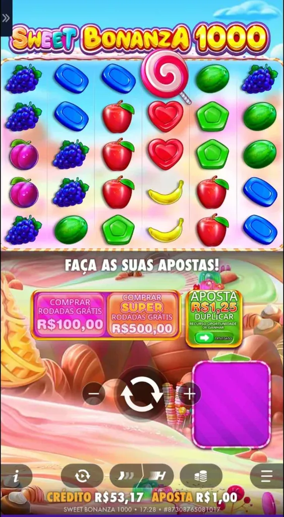 Sweet Bonanza 1000 scatter com grade com doces e frutas espalhados, aposta definida em R$1 e botões de compra de bônus.