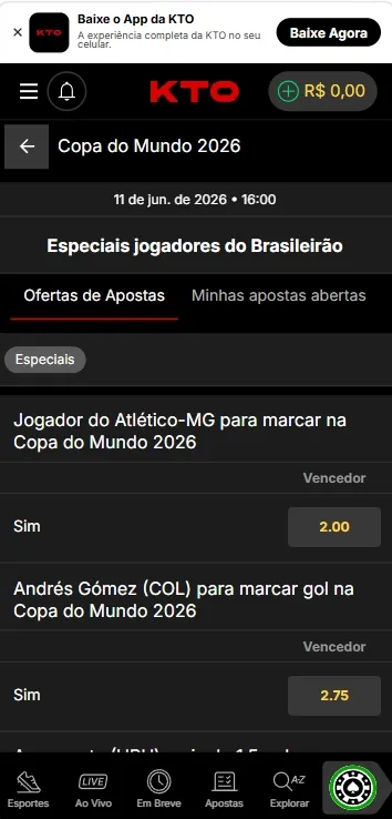 Mercados especiais KTO dos Jogadores do Brasileirão que vão jogar na  Copa do Mundo 