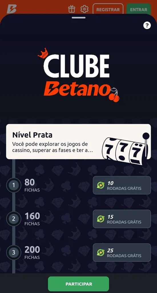 Oferta Clube Betano com recompensas do nível prata, com 10, 15 e 25 rodadas grátis.