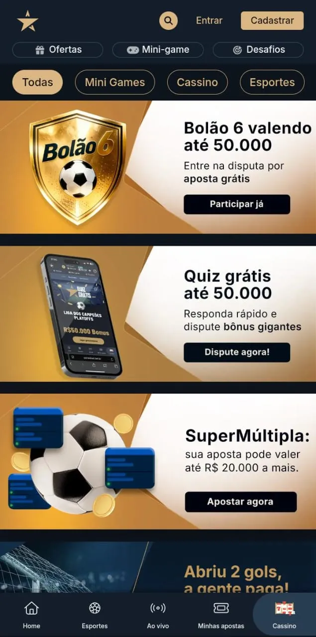 Bônus de esportes da Estrelabet, incluindo Bolão 6 valendo até 50.000 e Super Múltipla