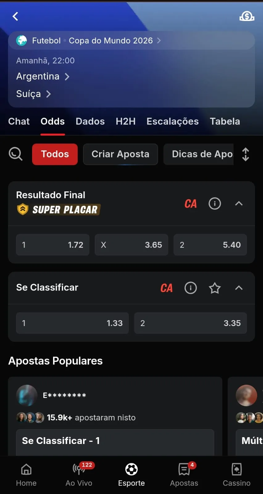 Mercados Resultado com Pagamento Antecipado 1x2 e se classificar no jogo entre Argentina x Suíça