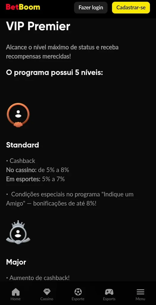 Texto do programa VIP premier da Betboom mostrando os benefícios dos níveis Standard e Major
