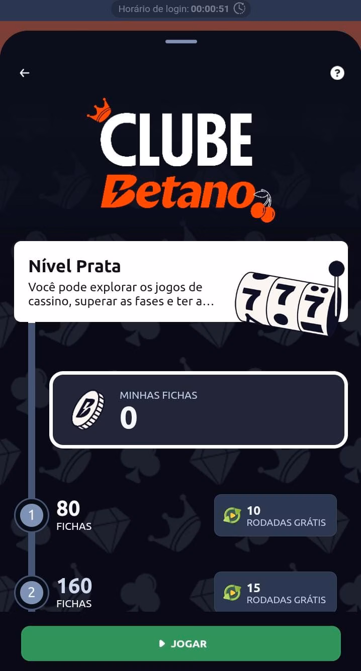 Clube Betano, com uma bobina de slot 777 no nível Prata, relação entre fichas e rodadas grátis e botão de jogar