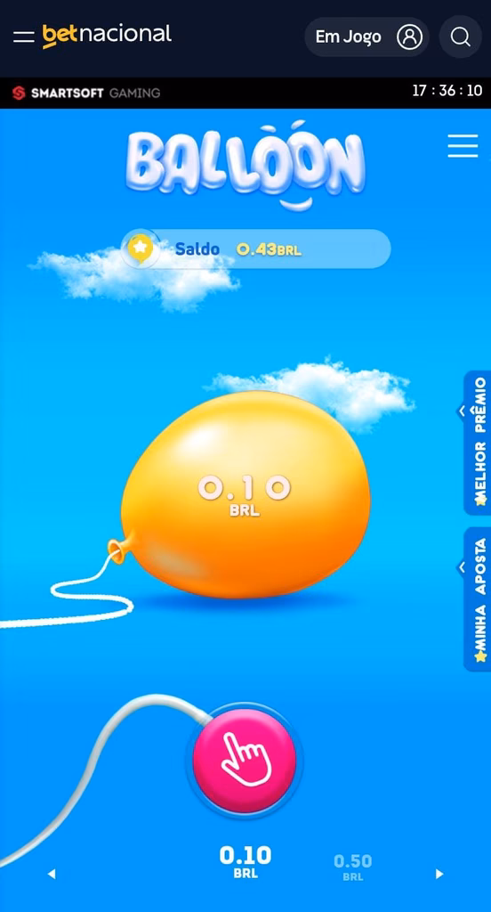 Jogo Balloon na Betnacional com aposta de R$ 0,10 e balão inflando.