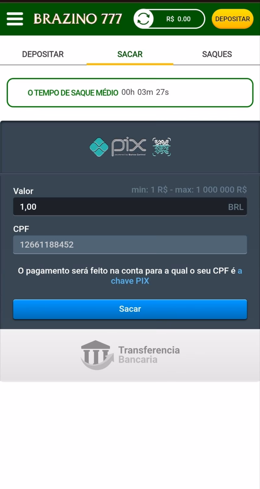 Banner dos pagamentos via Pix e Transferência Bancária na Brazino777 mostrando o tempo de saque médio e limite de transferência.