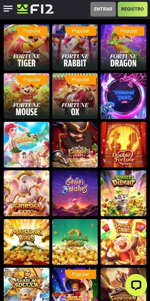 Ícones de 18 jogos da PG Soft na F12.Bet, incluindo Fortune Tiger, Fortune Rabbit e Fortune Dragon