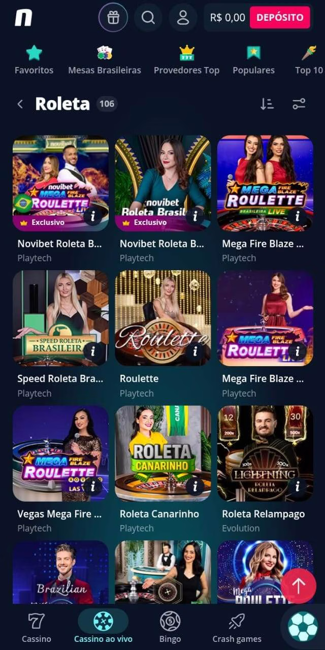 Exibição de 12 dos 106 jogos de roleta da Novibet, incluindo Novibet Roleta Brasileira e Roleta Canarinho