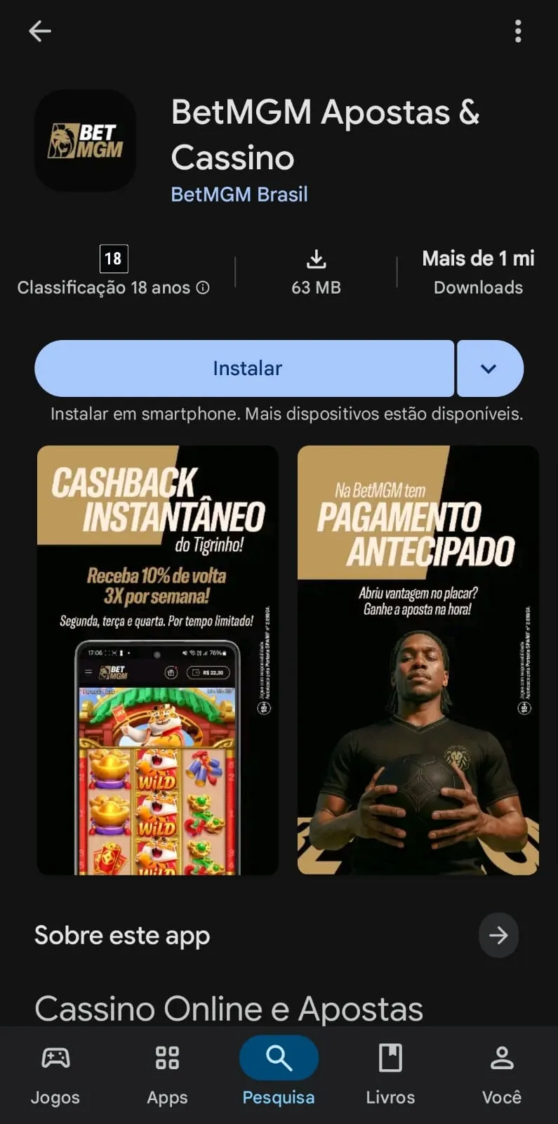 Página do aplicativo da BetMGM na Play Store com mais de 1 milhão de downloads 
