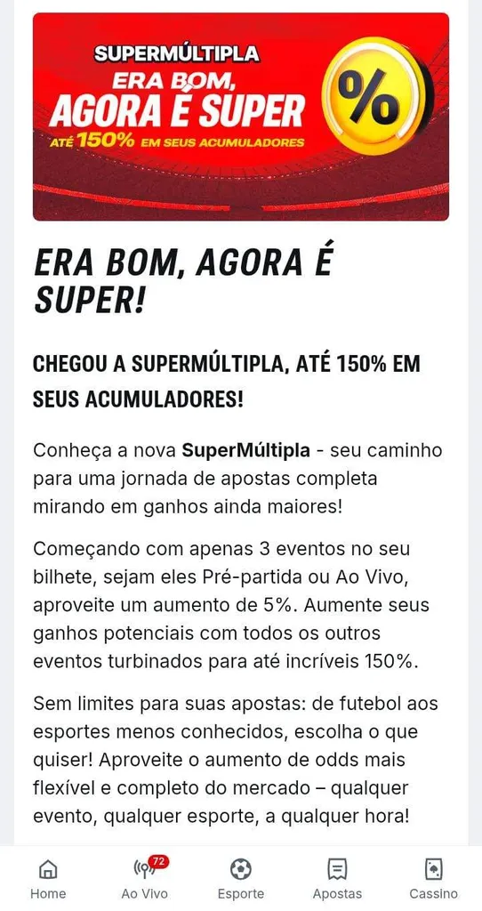 Bônus Super Múltipla Superbet de até 150%, com banner promocional e texto explicativo da oferta