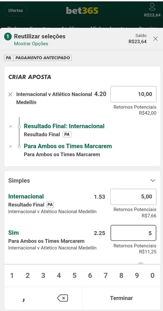Cupom de aposta na Bet365 para Internacional vs Atlético Nacional Medellín com opções simples e múltiplas.