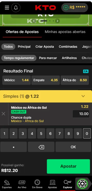 Chance dupla México ou África do Sul KTO