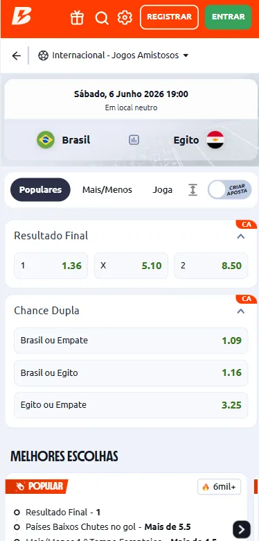 Mercado chance dupla Brasil x Egito na Betano