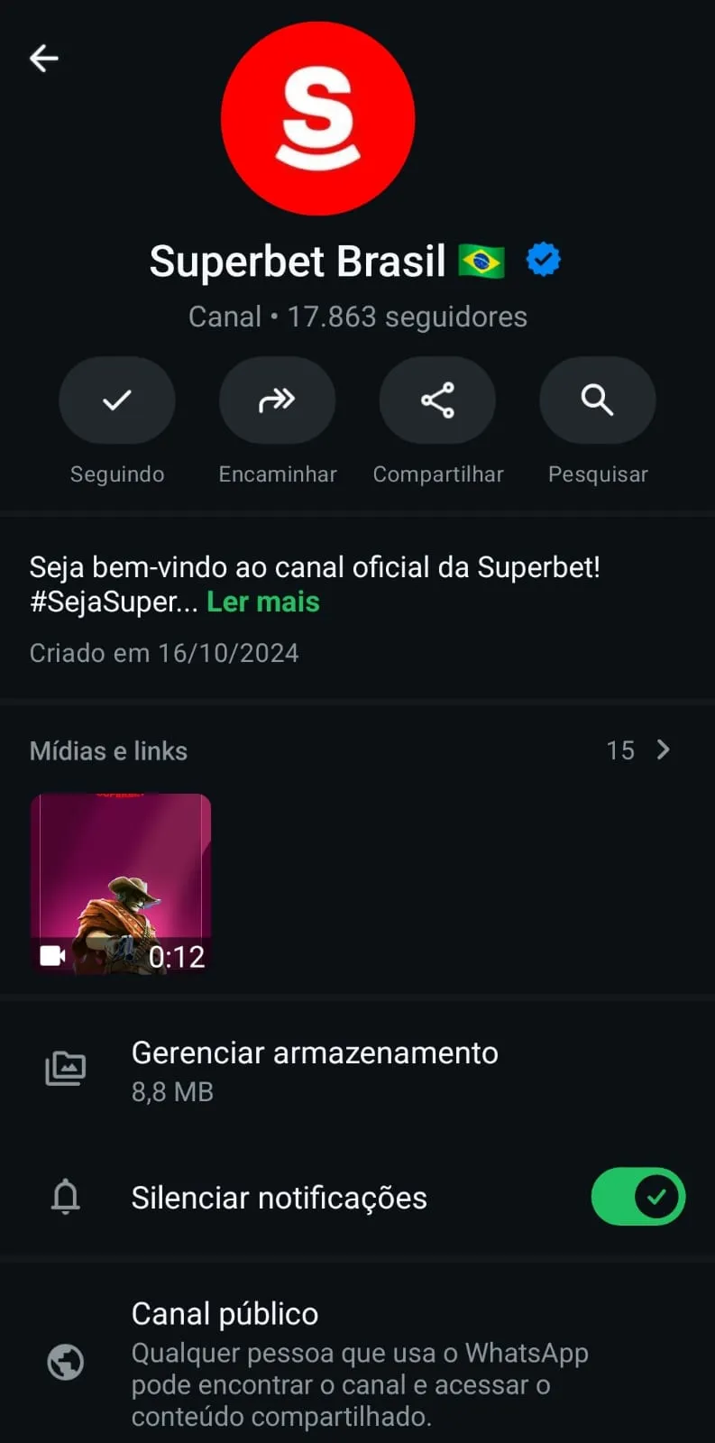Canal da Superbet no Whatsapp.