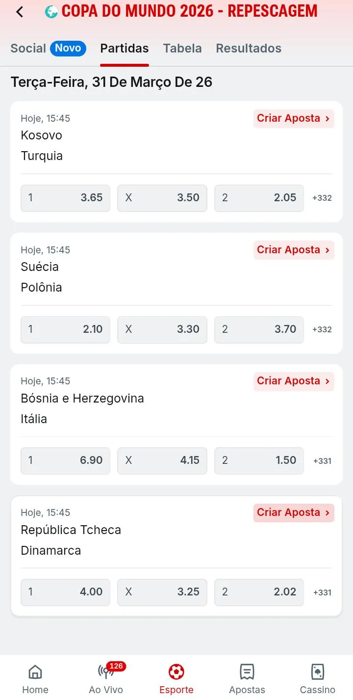 Cotações do mercado resultado final para diferentes jogos da qualificação europeia para a Copa do Mundo 2026 na Superbet
