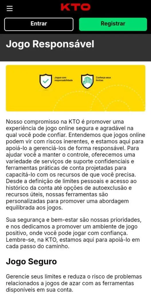 Página da KTO com texto sobre Jogo responsável e seguro.