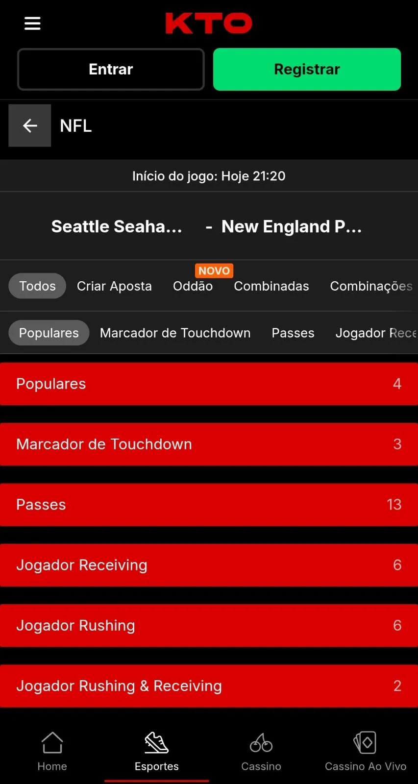 Lista de mercados de apostas, como Marcador de Touchdown, Passes e Oddão na KTO 