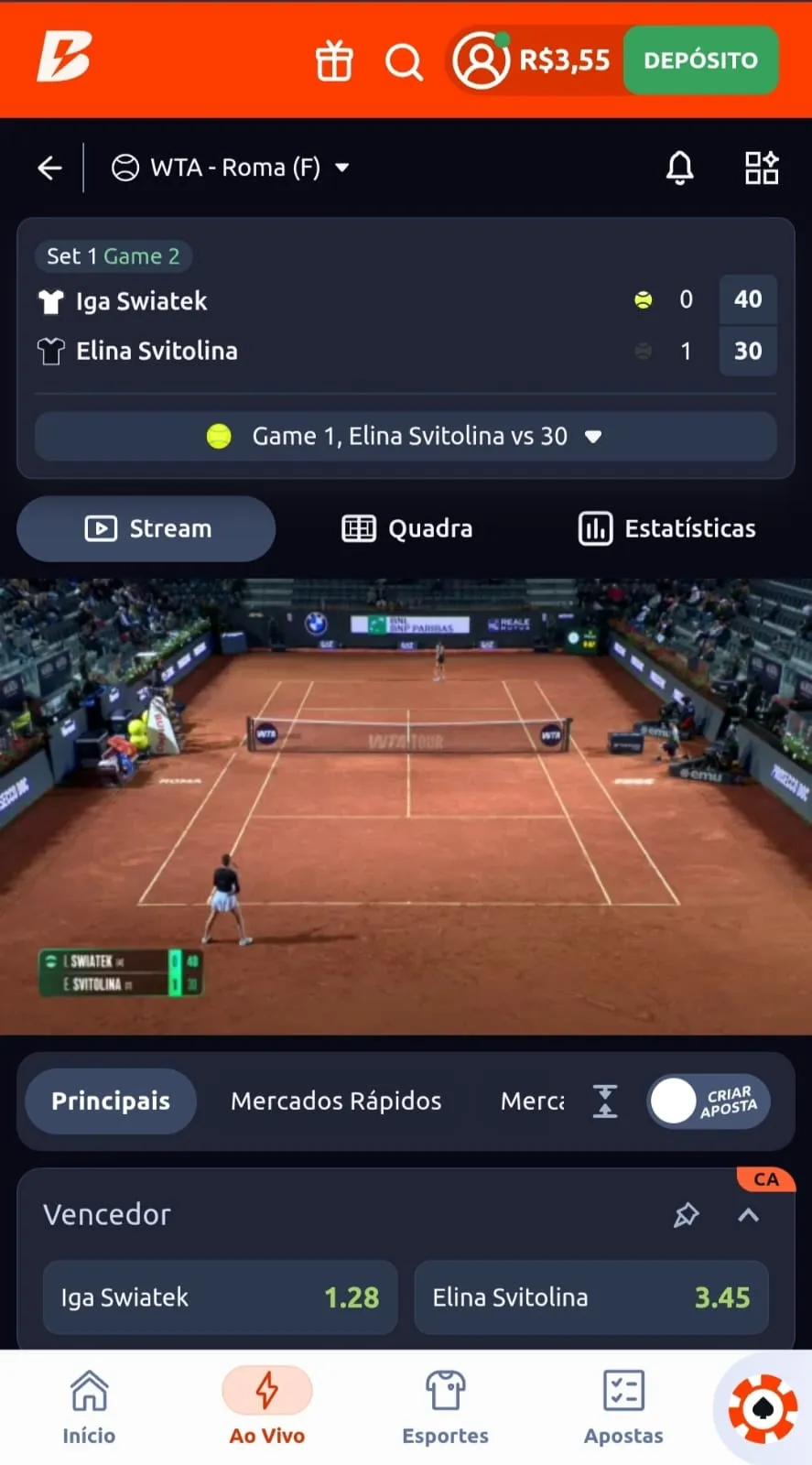 Mercados ao vivo para apostas no tênis com streaming na Betano.