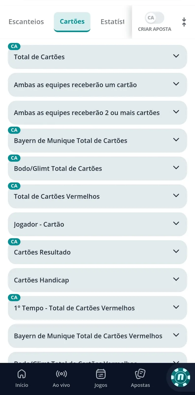 Página do mercado de cartões do jogo Bayern de Munique x Bodo/Glimt
