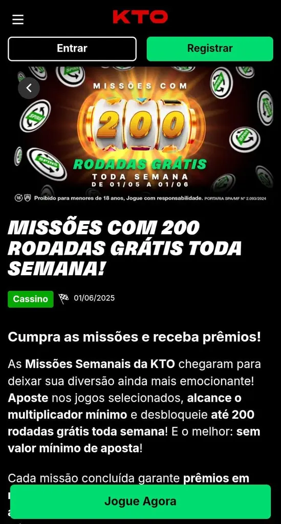 Oferta de Missões da KTO com recompensa de 200 rodadas grátis toda semana.